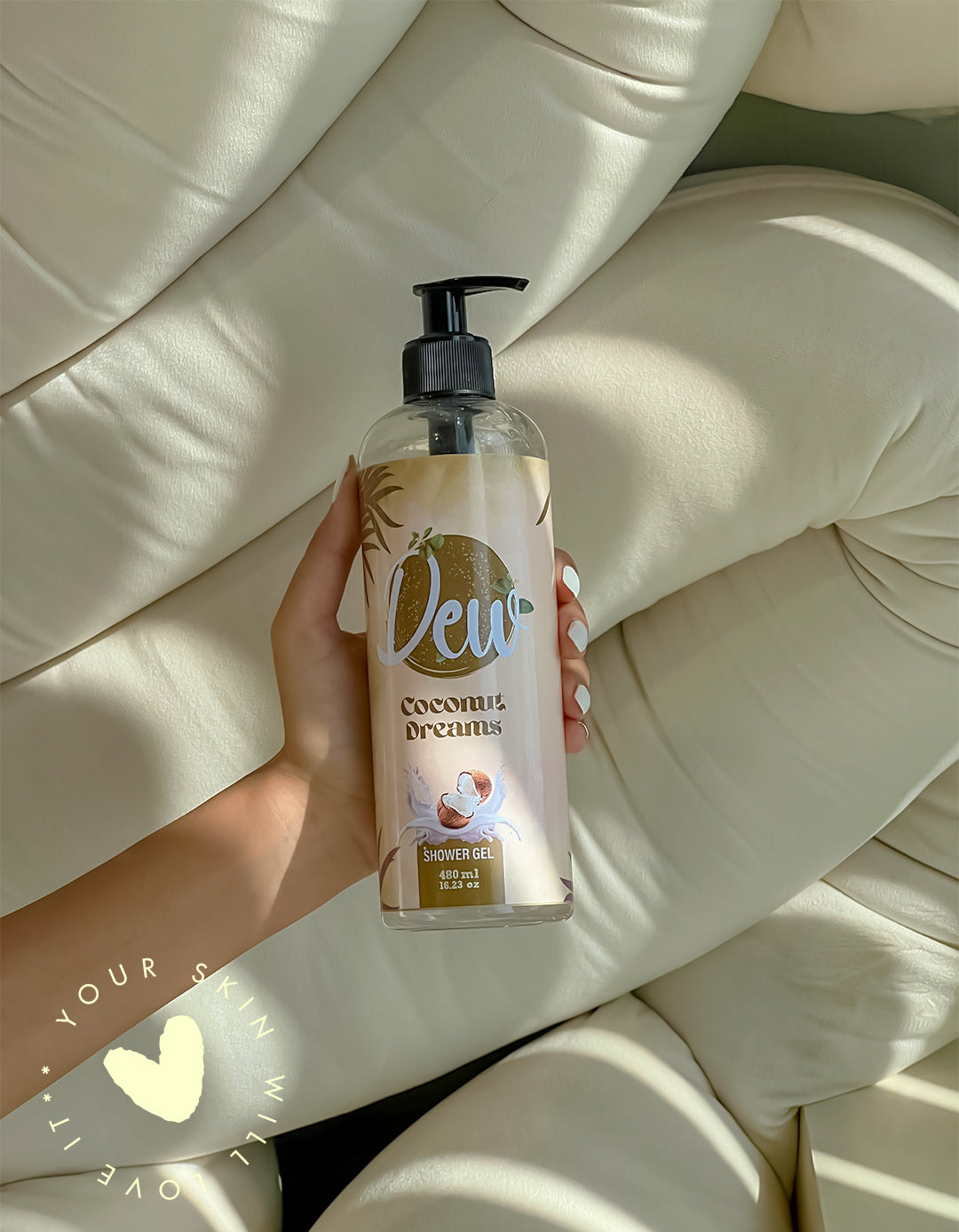 Natural Coconut Shower Gel by Dew Skincare, offering deep hydration and a tropical coconut fragrance.