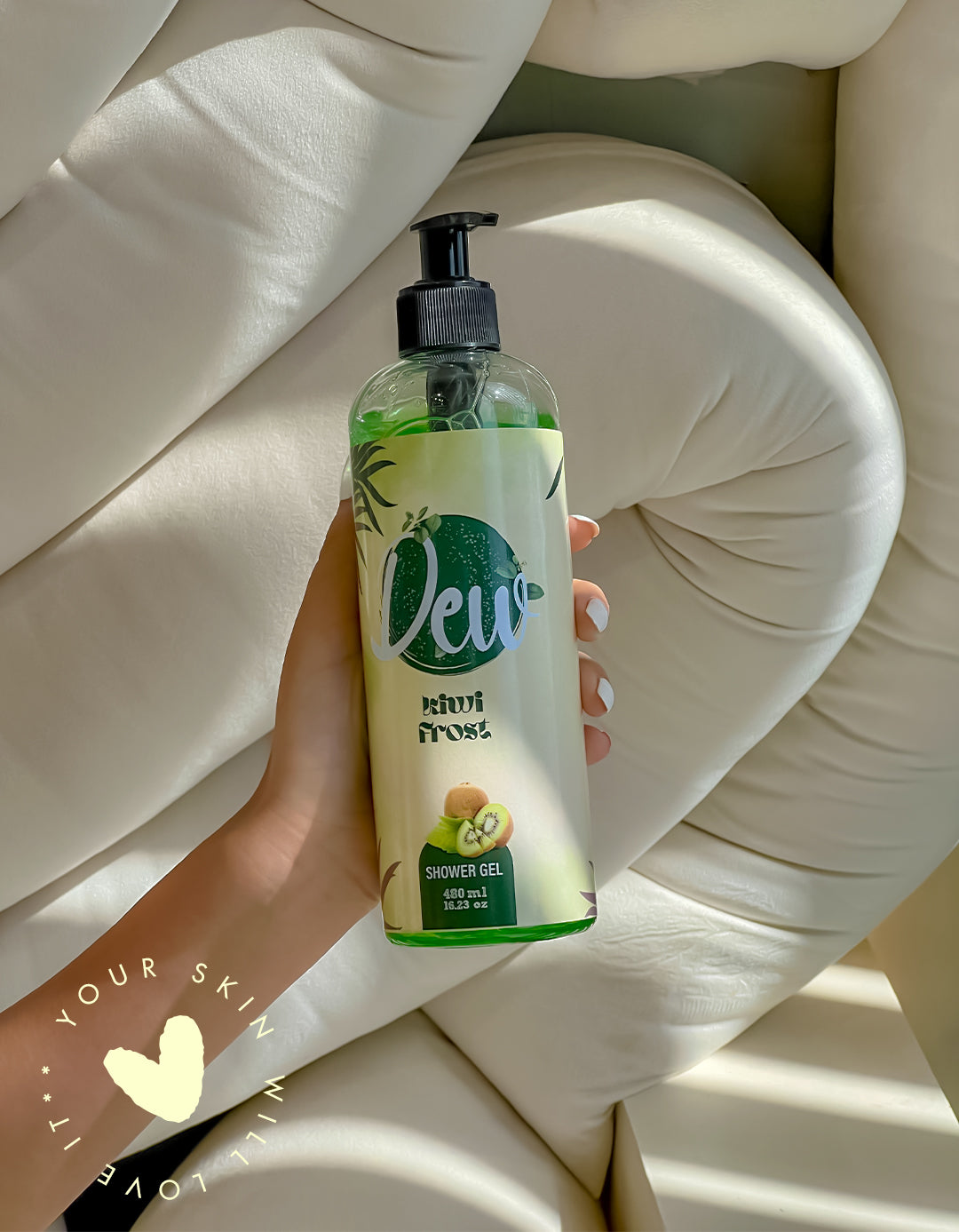 Dew Skincare Kiwi Shower Gel for a refreshing, fruity cleanse with natural ingredients and kiwi scent