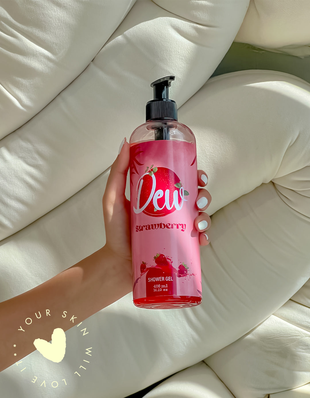 Dew Skincare Strawberry Shower Gel for all skin types, enriched with the refreshing scent of strawberries.